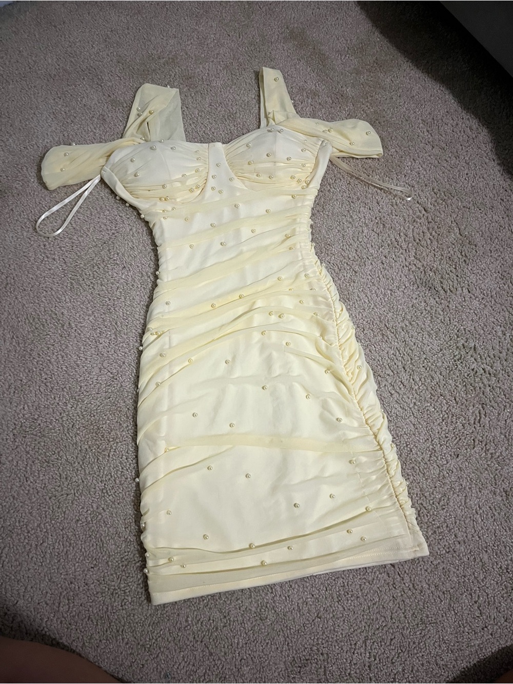 Windsor Butter yellow Pearl-Accent Ruched Mini Dress